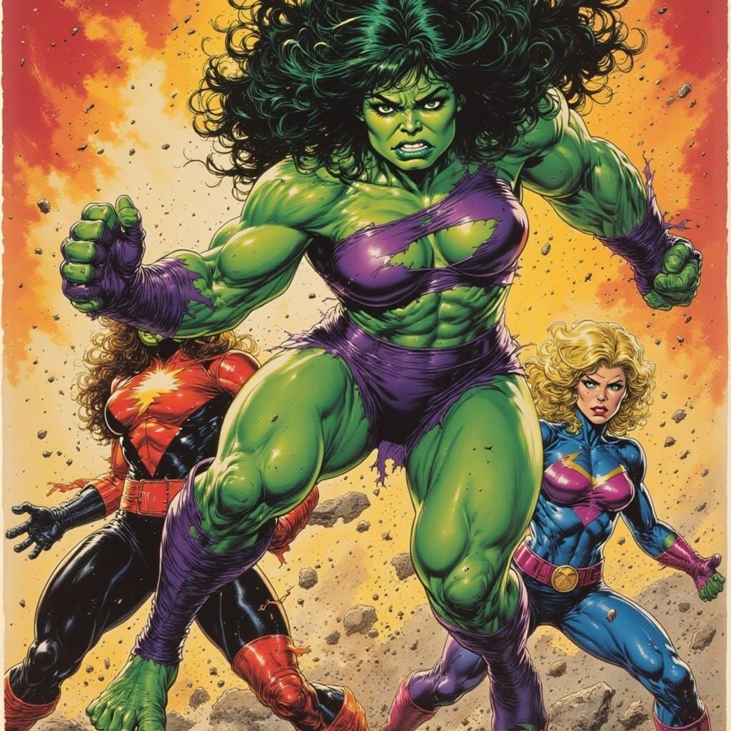 <lora:She-Hulk:1.0>She Hulk  battles Captain Marvel
