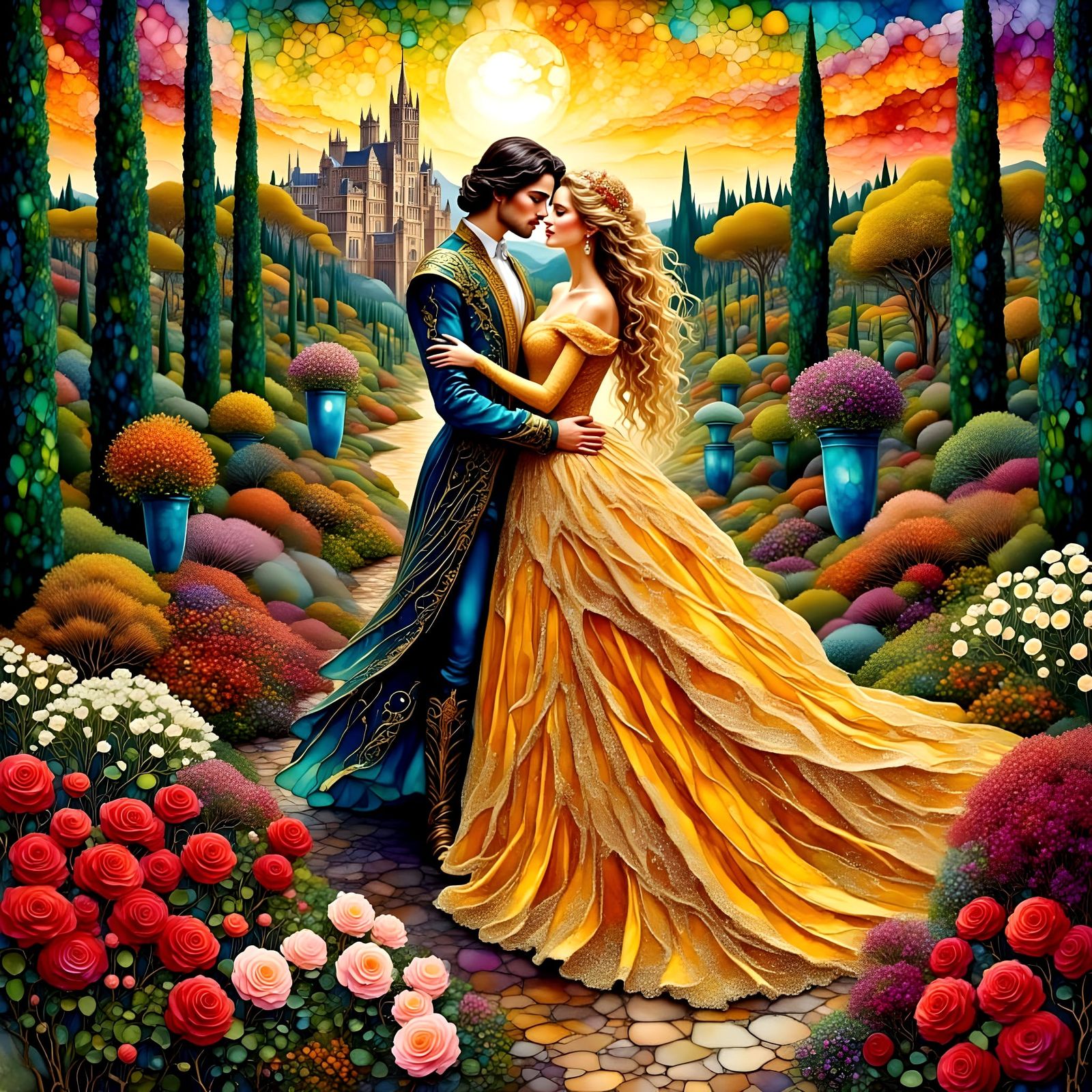 Majestic Castle Landscape with Enchanted Garden and Lush Cyp...