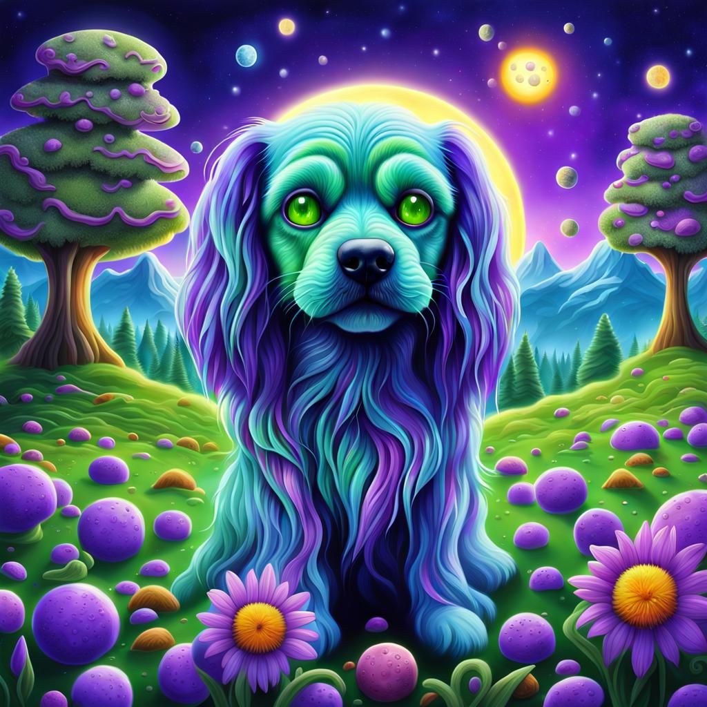 Alien Planet with Purple Dog in Airbrush Style