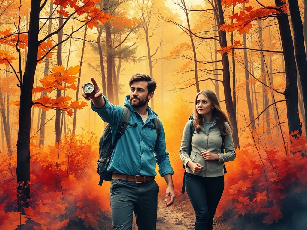 Fall Hike with Compass in Modern Ink Painting