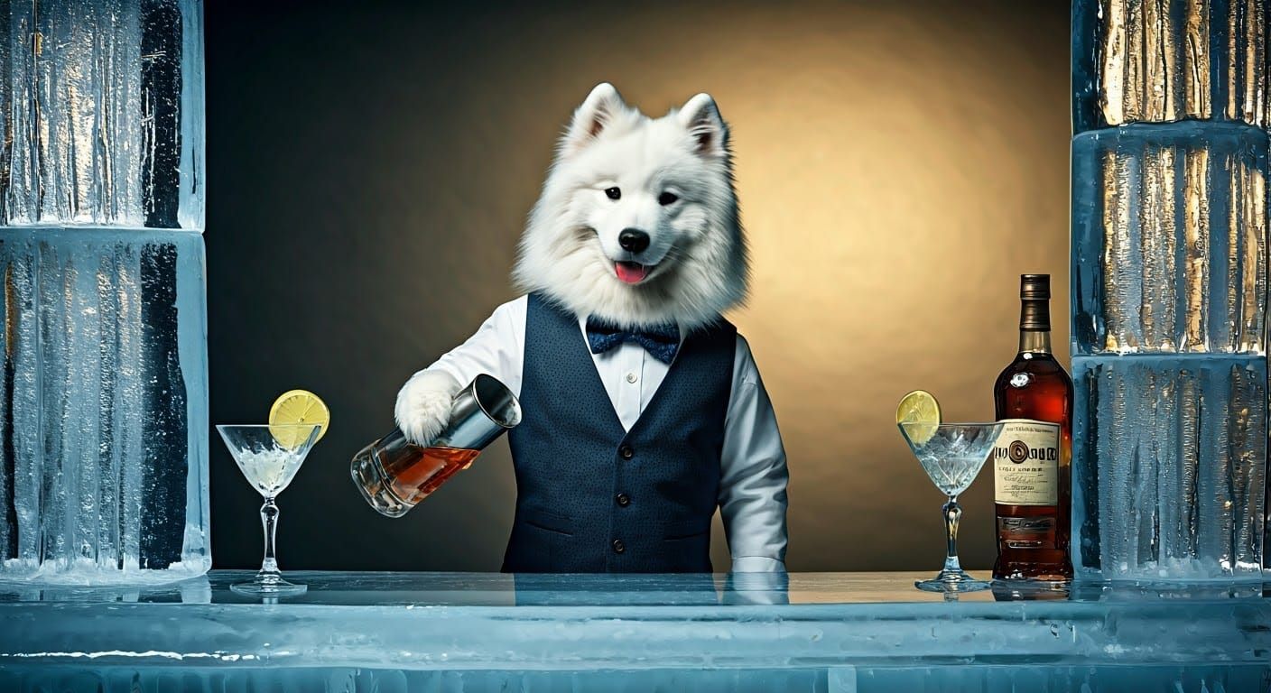 Dog Bartender in Winter Wonderland