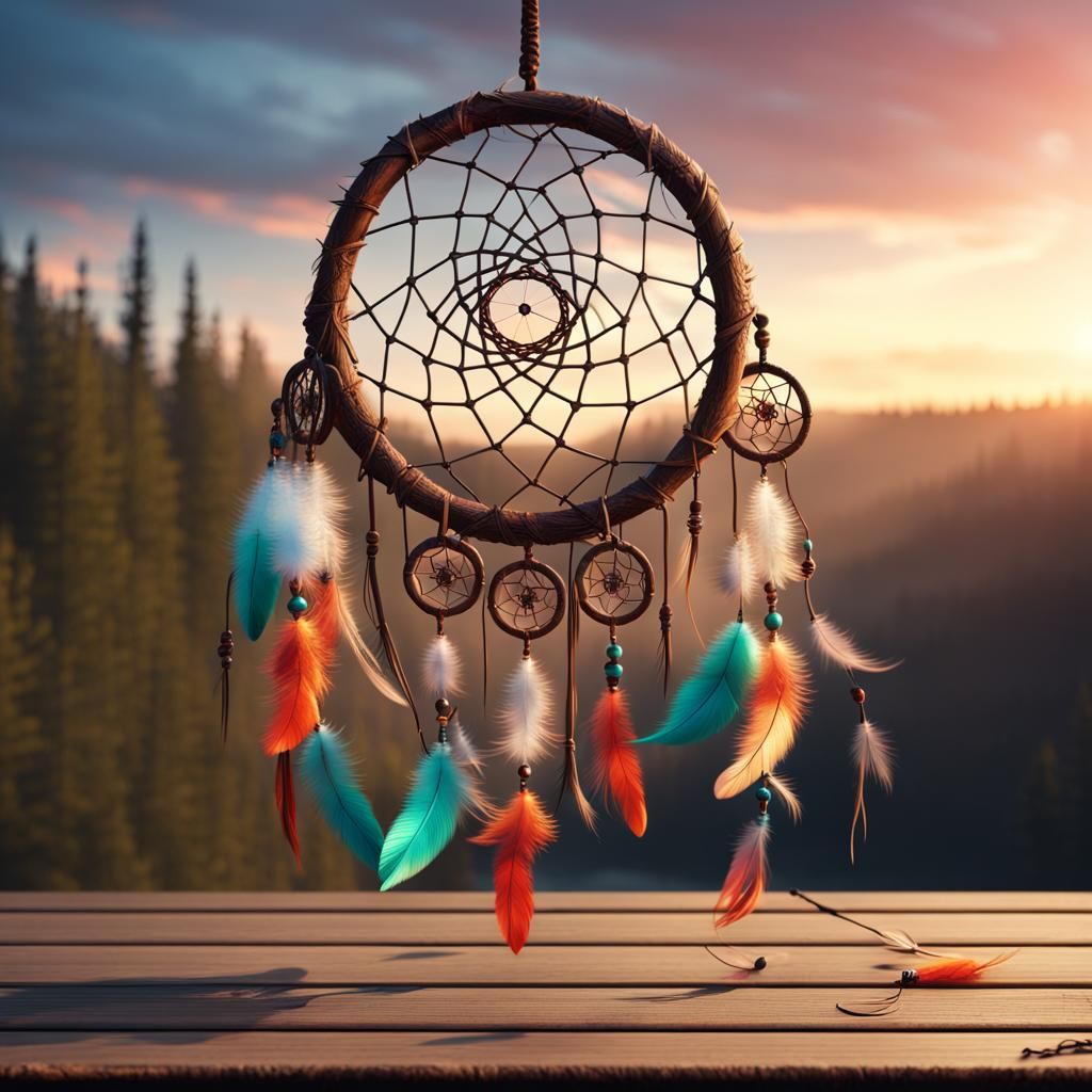 Colorful Dreamcatcher on Wooden Table: Digital Matte Paintin...