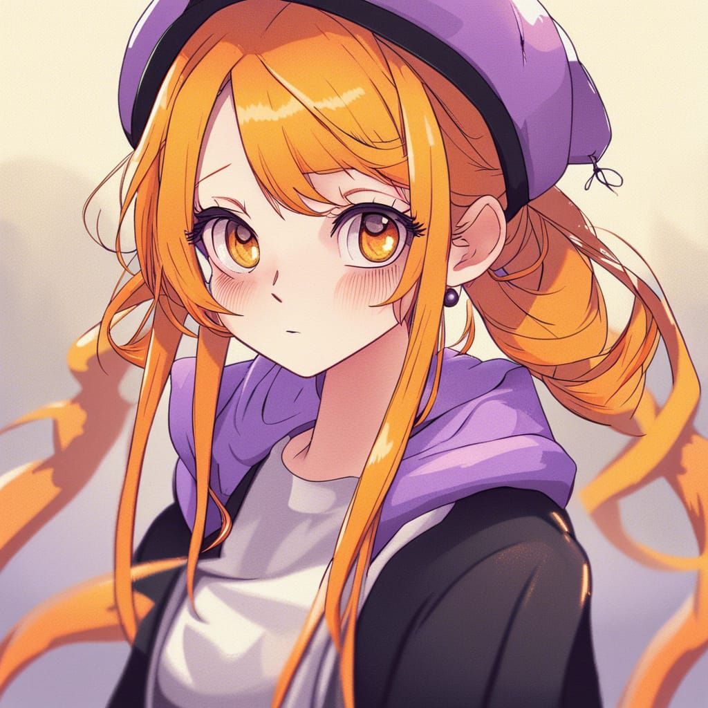 Anime Girl with Orange Hair and Purple Eyes