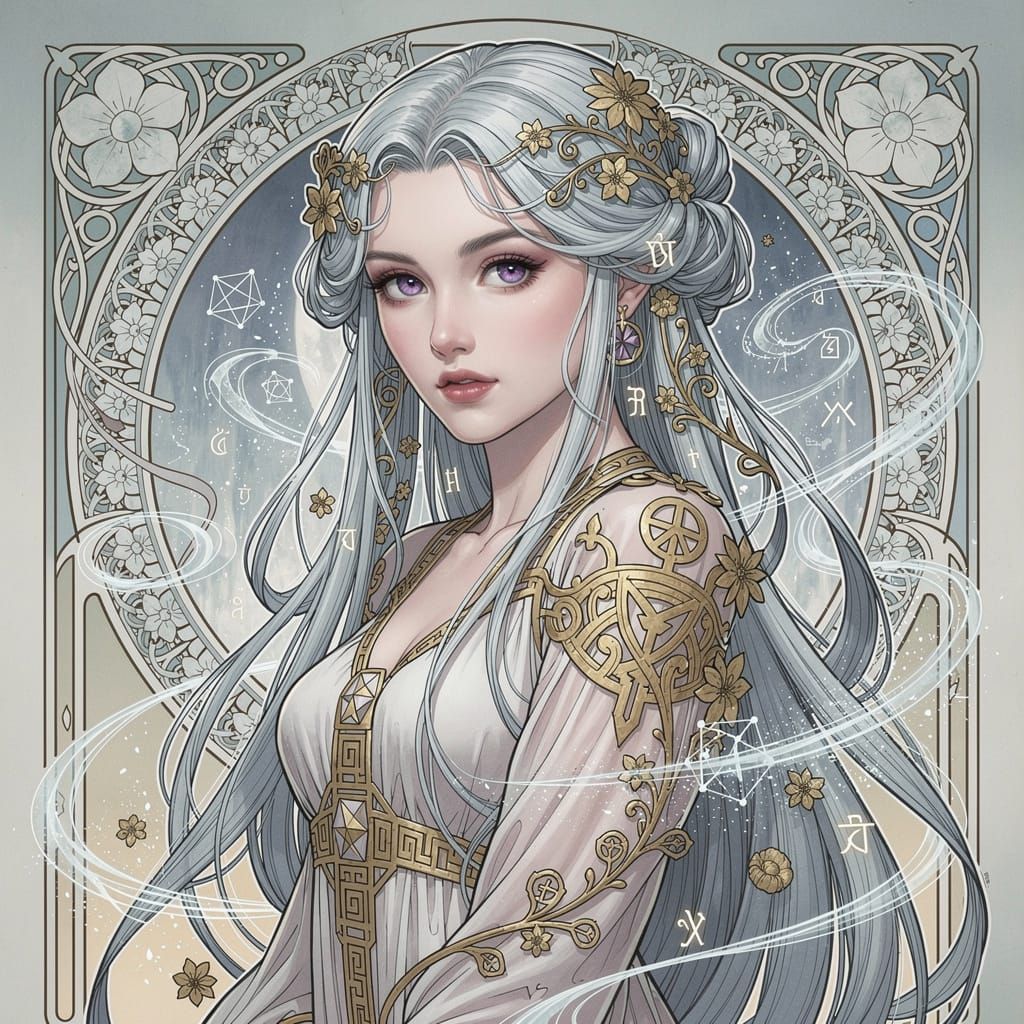 Art Nouveau Woman with Icy Hair and Golden Patterns