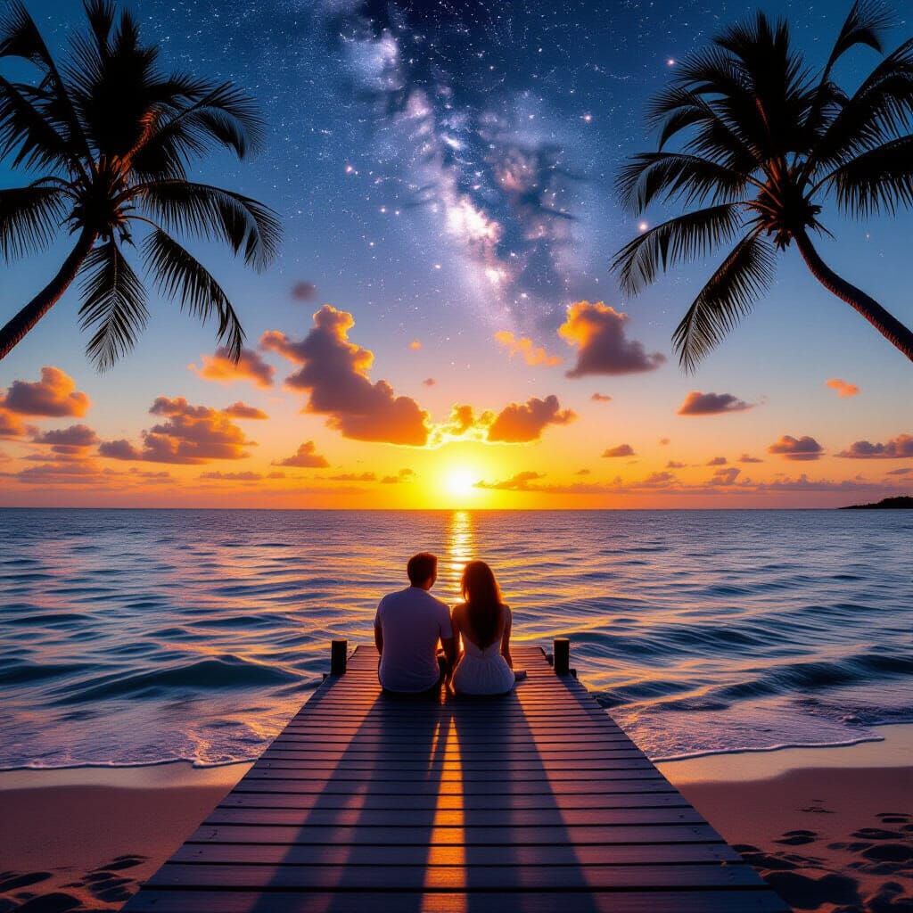 Couple Watches Golden Hour Sunset on Wooden Pier