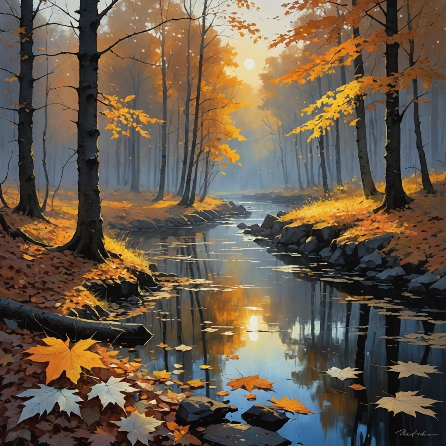 Monochromatic Autumn Sunrise Watercolor Painting