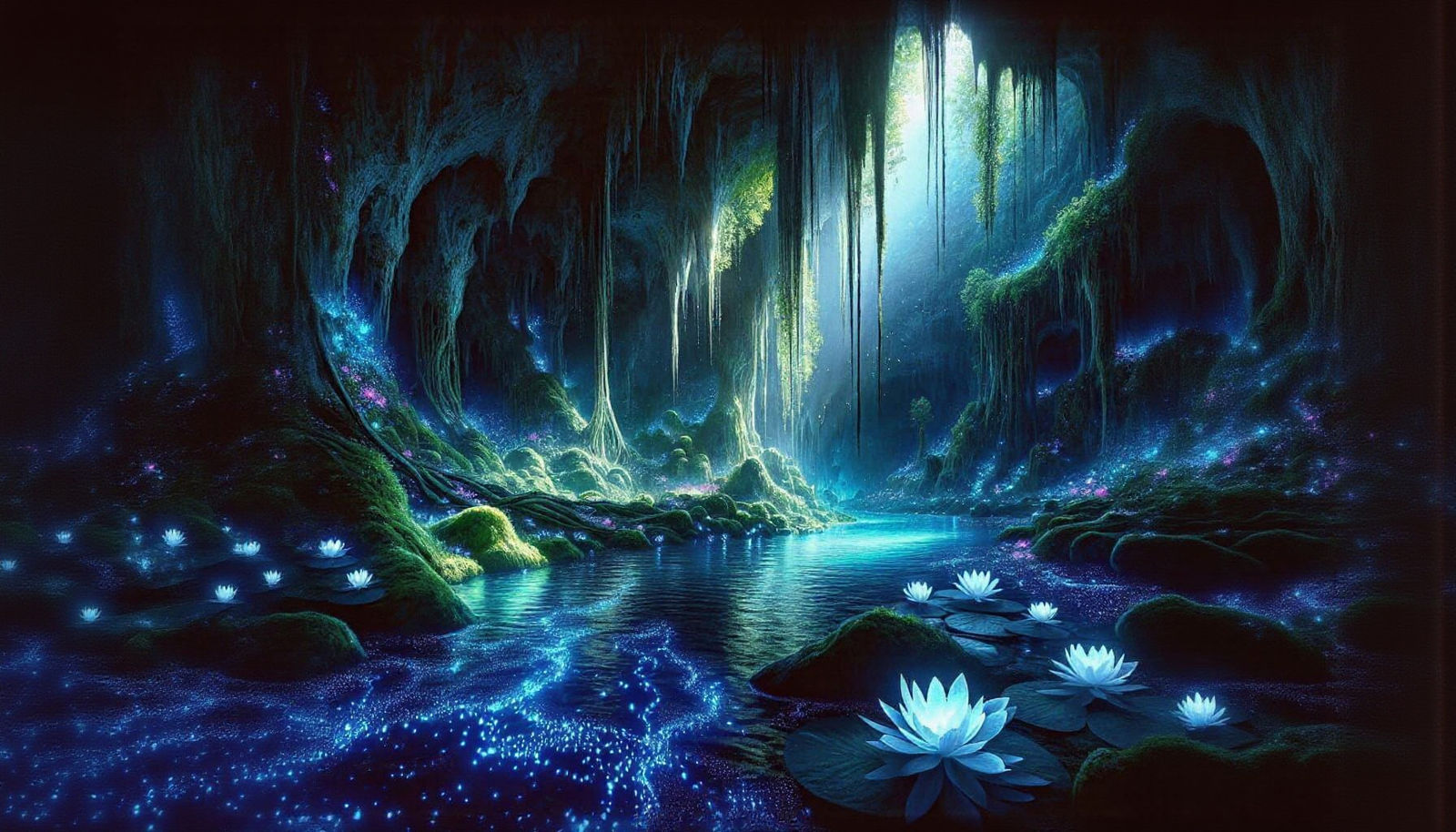 Bioluminescent Underground Cavern with Lake and Lilies
