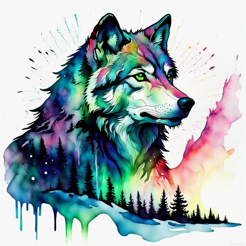 Wolf and Northern Lights Double Exposure Watercolor