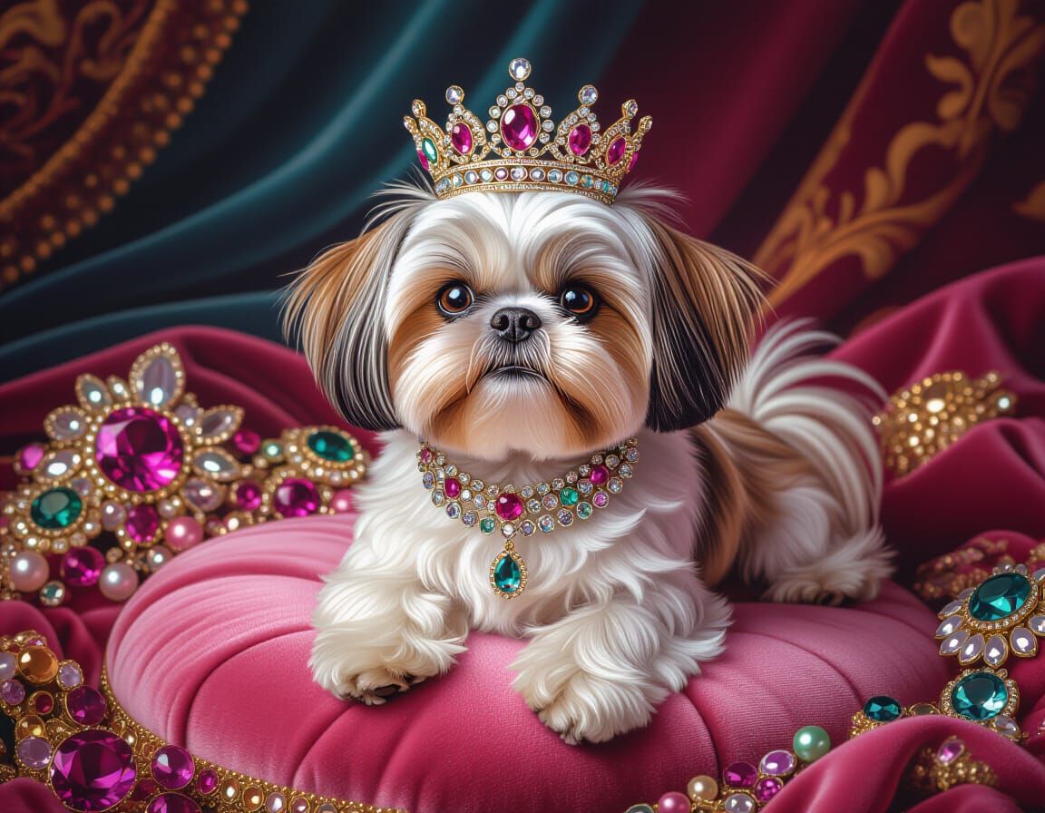 Crowned Shih Tzu on Velvet Cushion in Hyperrealism