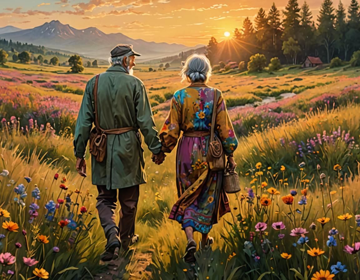 Hippie Couple's Sunset Meadow Walk: Impressionistic Matte Pa...