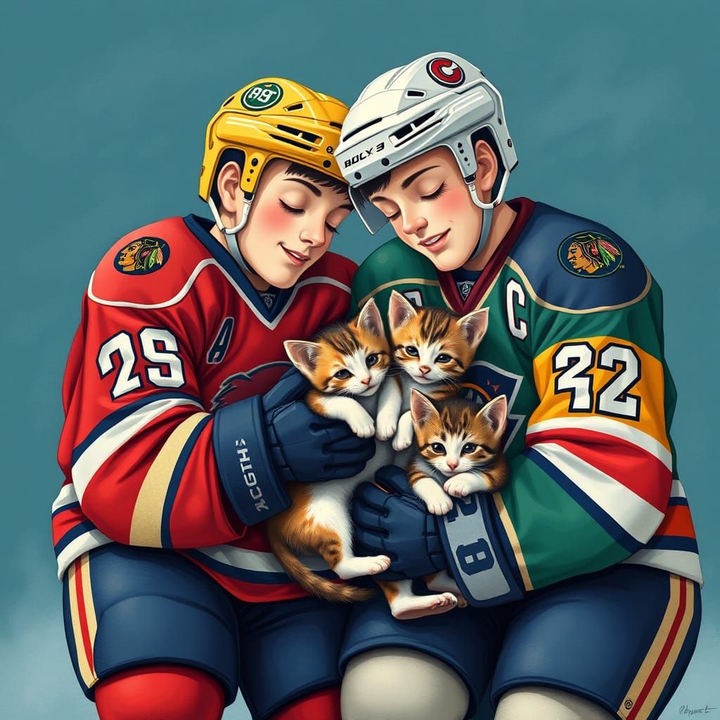 Heartwarming Hockey Players Cuddling Kittens in Whimsical Ar...
