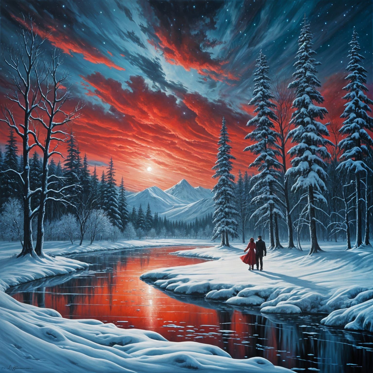 Red Aurora Over Icy Pond with Skating Couple