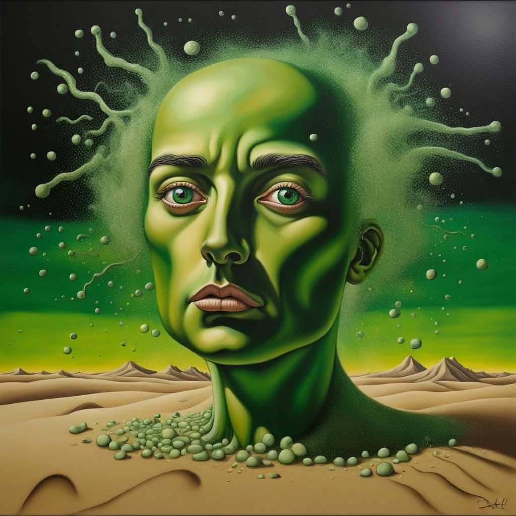 Surreal Sand Burial with Green Sparks, Dali Style