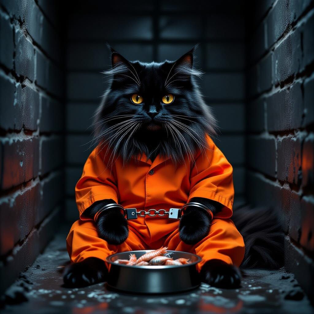 Fluffy Black Cat Prisoner in Dark Cell