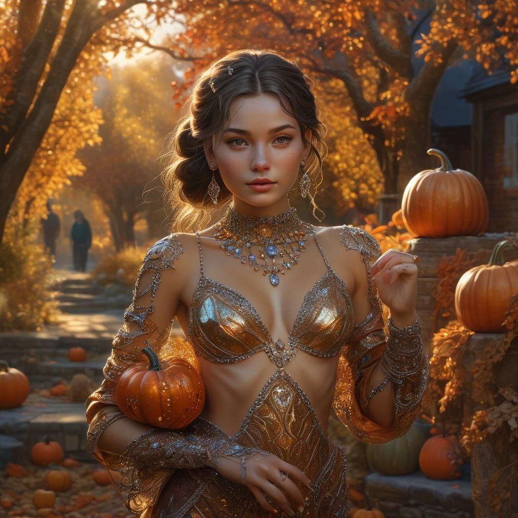 Crystalline Woman with Pumpkin in Hyperrealistic Style