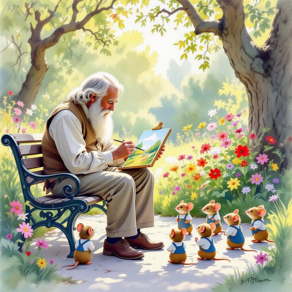 Elderly Artist Paints Miniature Scene with Mouse Companions