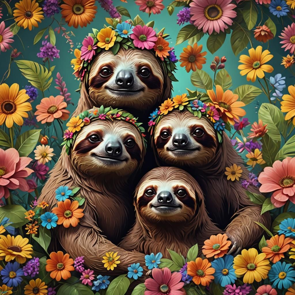 Sloths in 1960s Style with Flower Power