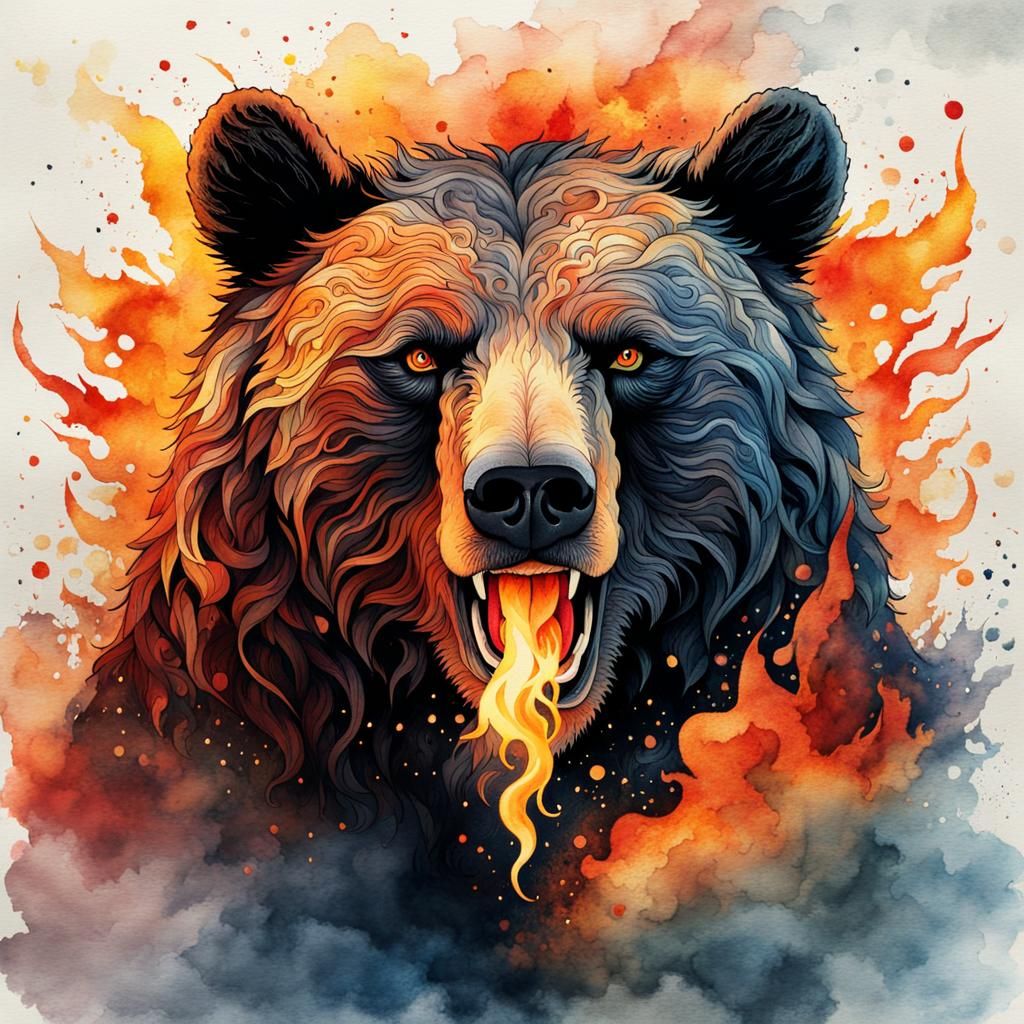 Fiery Mythical Bear in Watercolor Lace Art