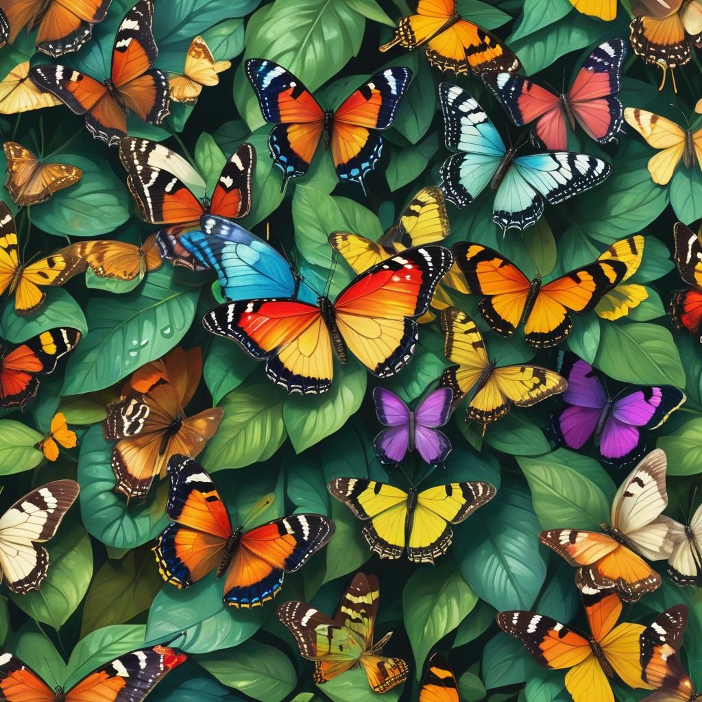 Colorful Butterflies on Rainforest Flower, Naturalistic Illu...