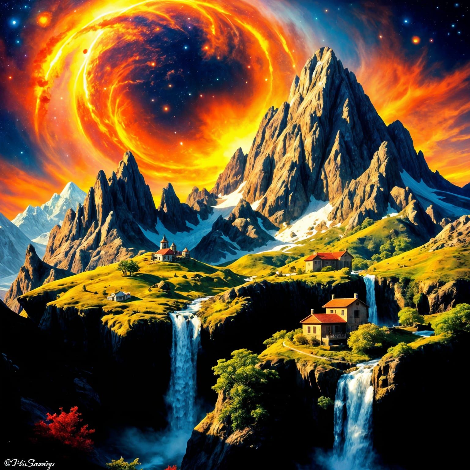 Colossal Sentient Mountain Range with Alien Flora