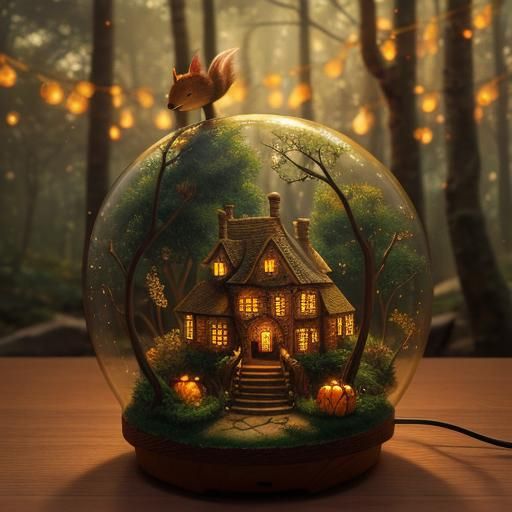 Whimsical Squirrel Home with Tiny Humans in Fantasy Scene