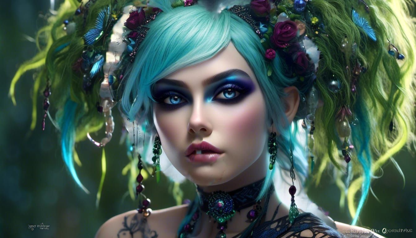 Beautiful Goth Pixie with Blue Tattoos