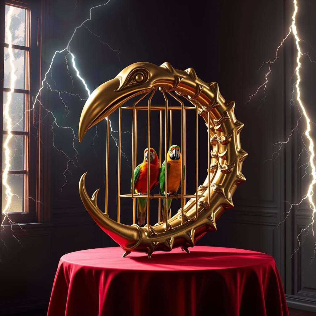 Surreal Golden Raptor Claw Birdcage Sculpture