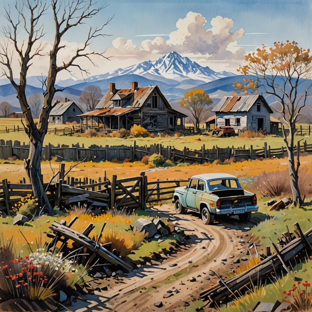 Abandoned Farmhouse in Gouache Style Landscape