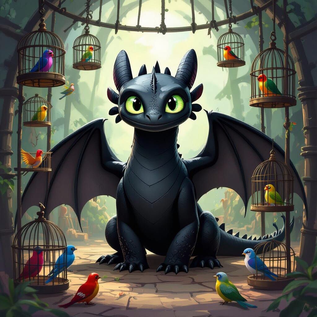 Toothless Dragon in Cage with Birds