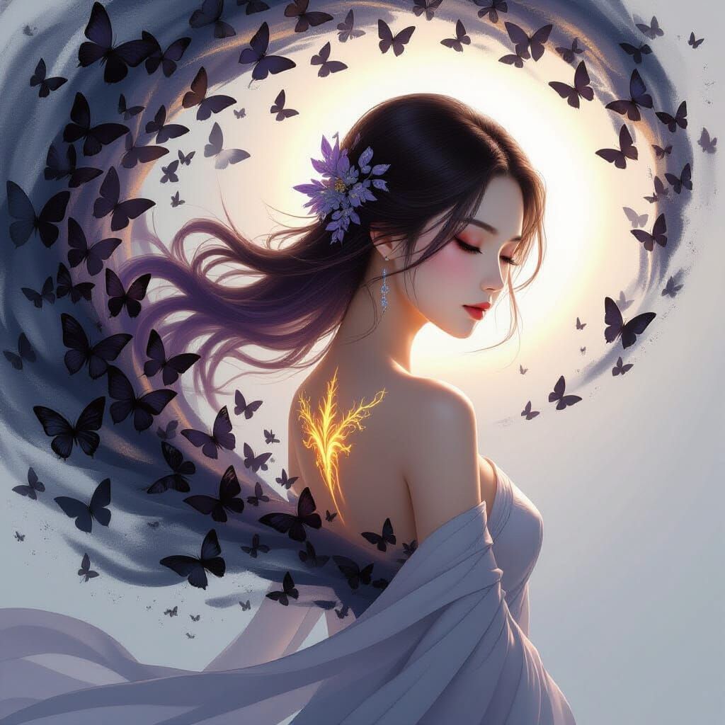 Asian Woman Dissolving Into Butterflies, Surreal Illustratio...