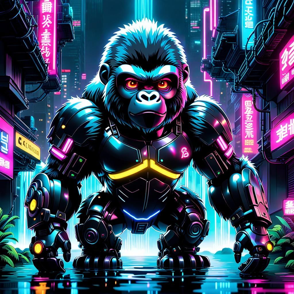 Cyberpunk Robotic Gorilla with Waterfall