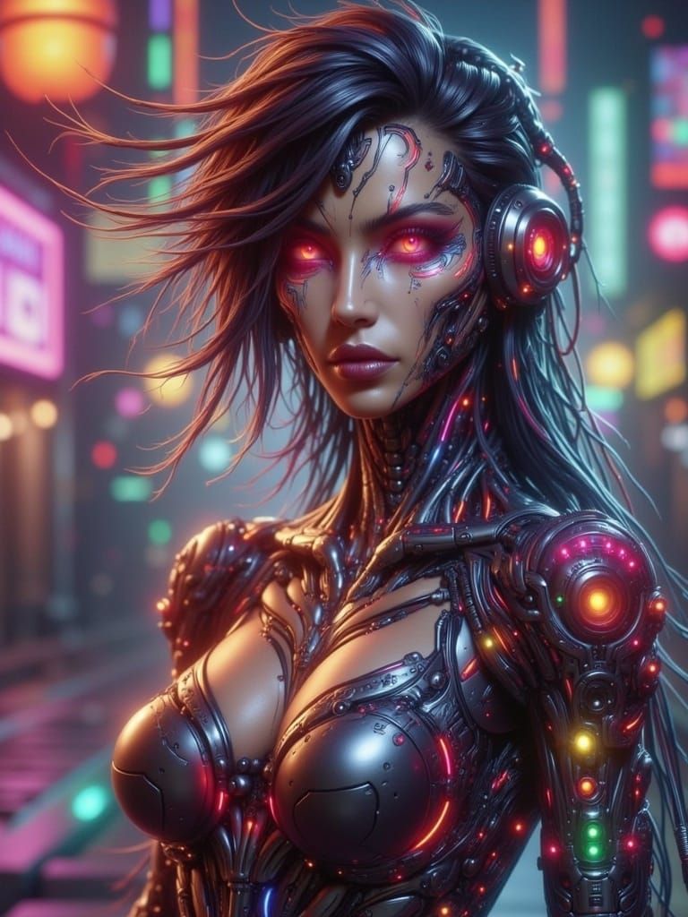 Neon City Cyborg with Glowing Tattoos in Cyberpunk Style