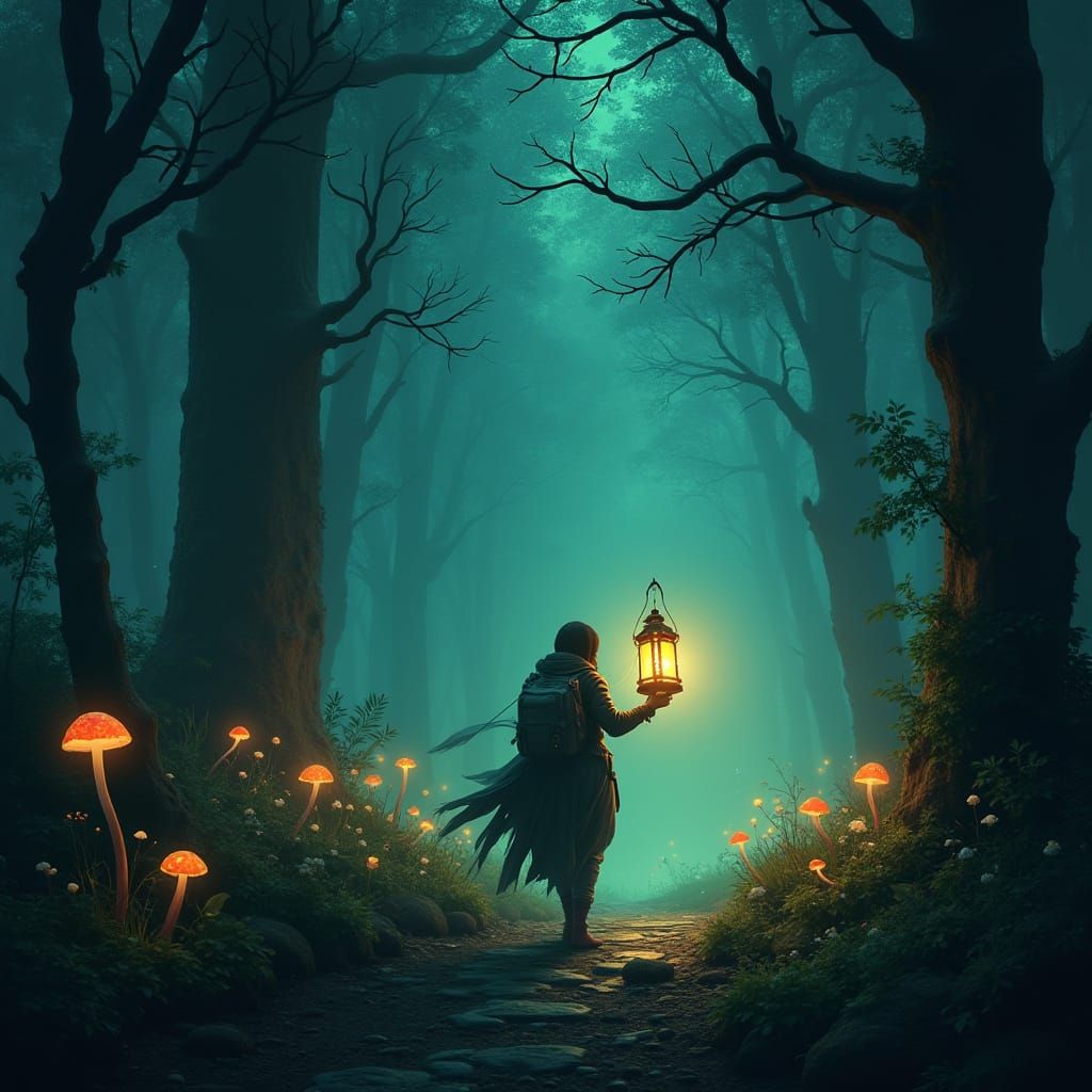 Enchanted Forest Traveler with Bioluminescent Lantern