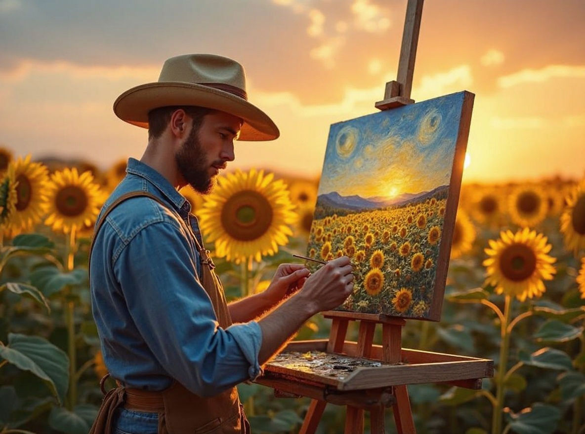 Van Gogh Painting Sunflowers at Sunset