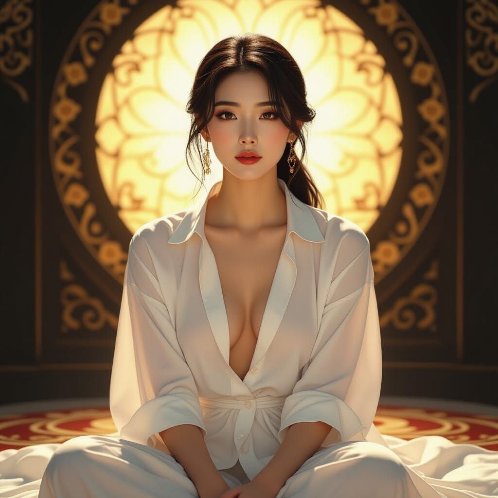Korean Woman in White Shirt, Golden Light, Art Nouveau Style