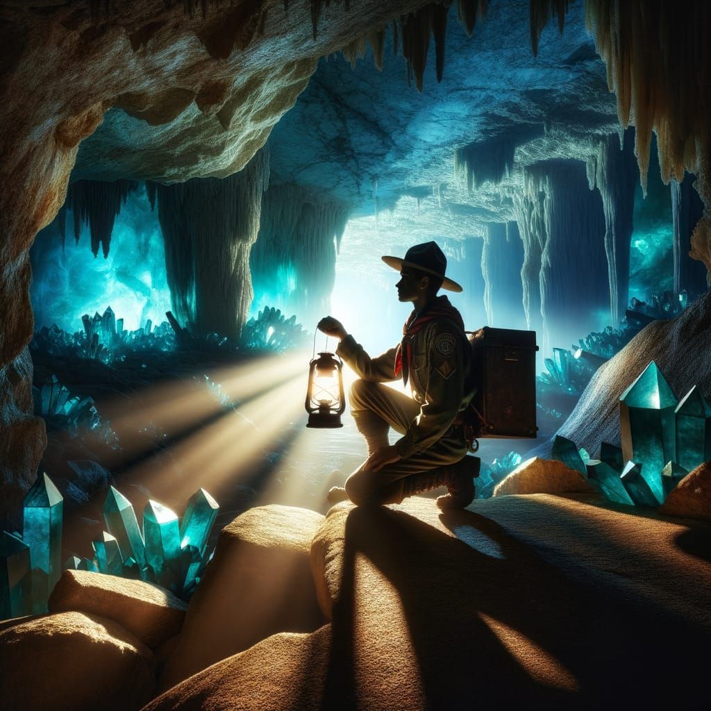Scout Kneeling in Crystal Cave with Lantern Light