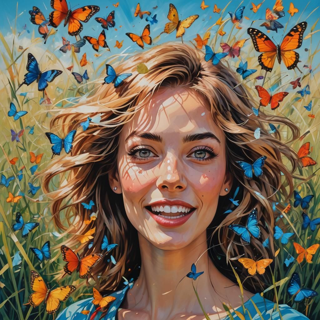 Joyful Art Deco Portrait with Butterflies