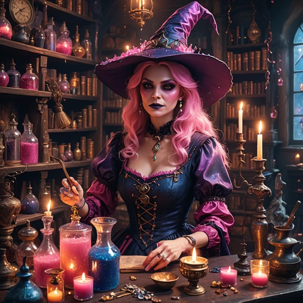 Mystical Pink Coquette Witch in Dark Fantasy Art