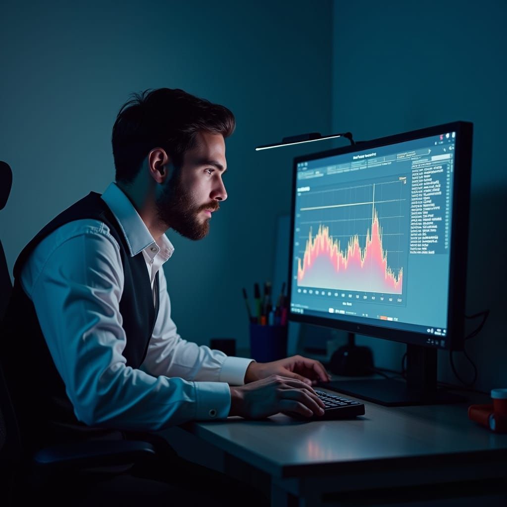 Man in White Dress Shirt and Black Tie Intently Watches Elec...
