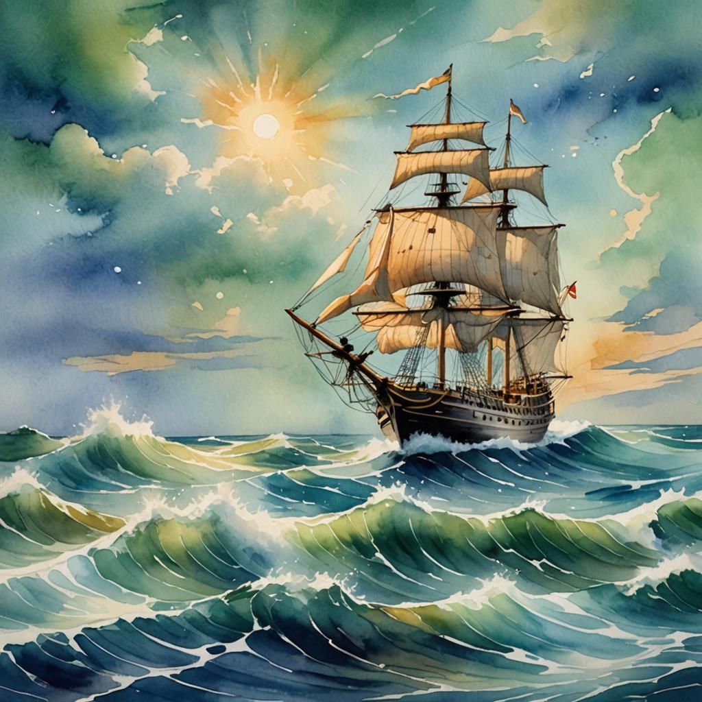 Old Ship Sails on Ocean in Art Nouveau Watercolor