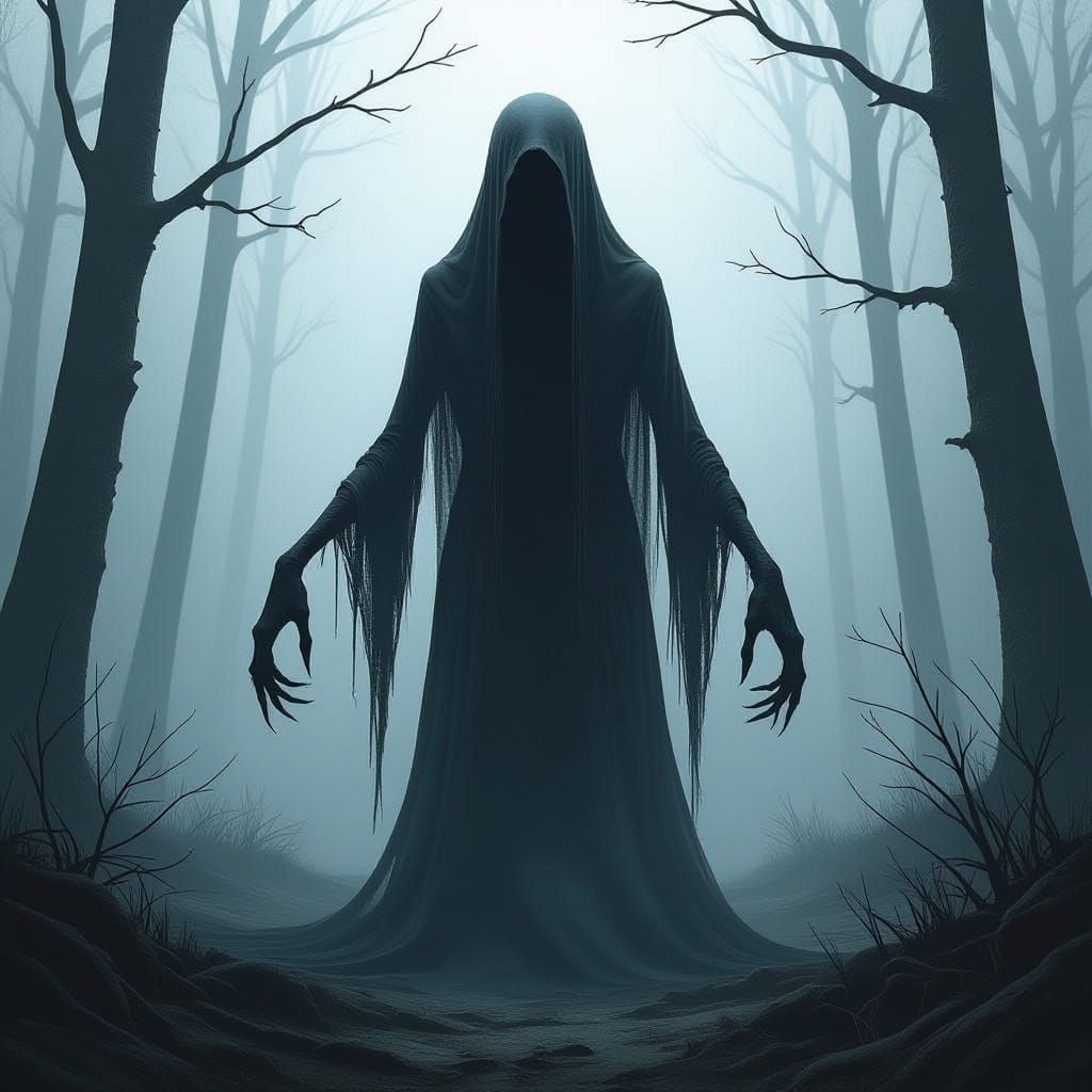 Pale Faceless Creature in Foggy Forest