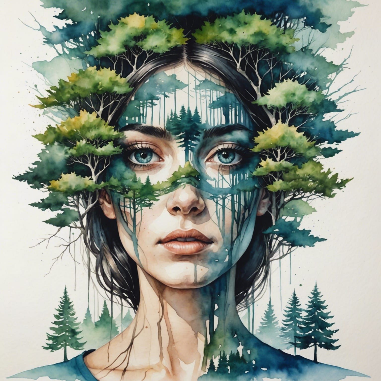 Surreal Double Exposure: Woman with Trees, Watercolor Art