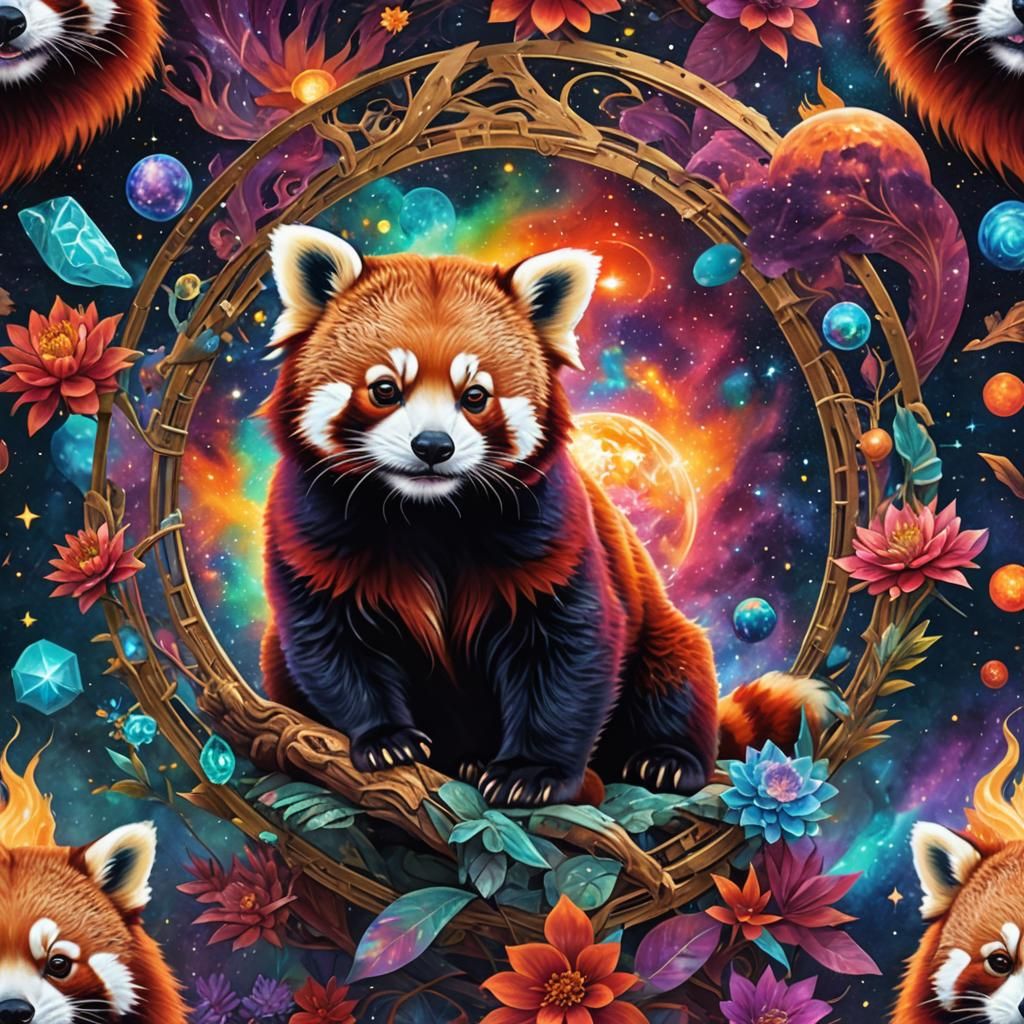 Holographic Red Panda Cosmic Illustration
