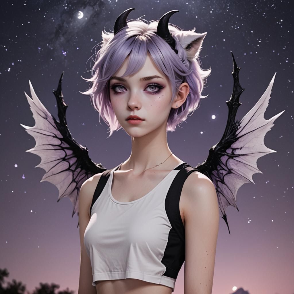 Teenage Girl with Wings in Night Sky: Fantasy Art