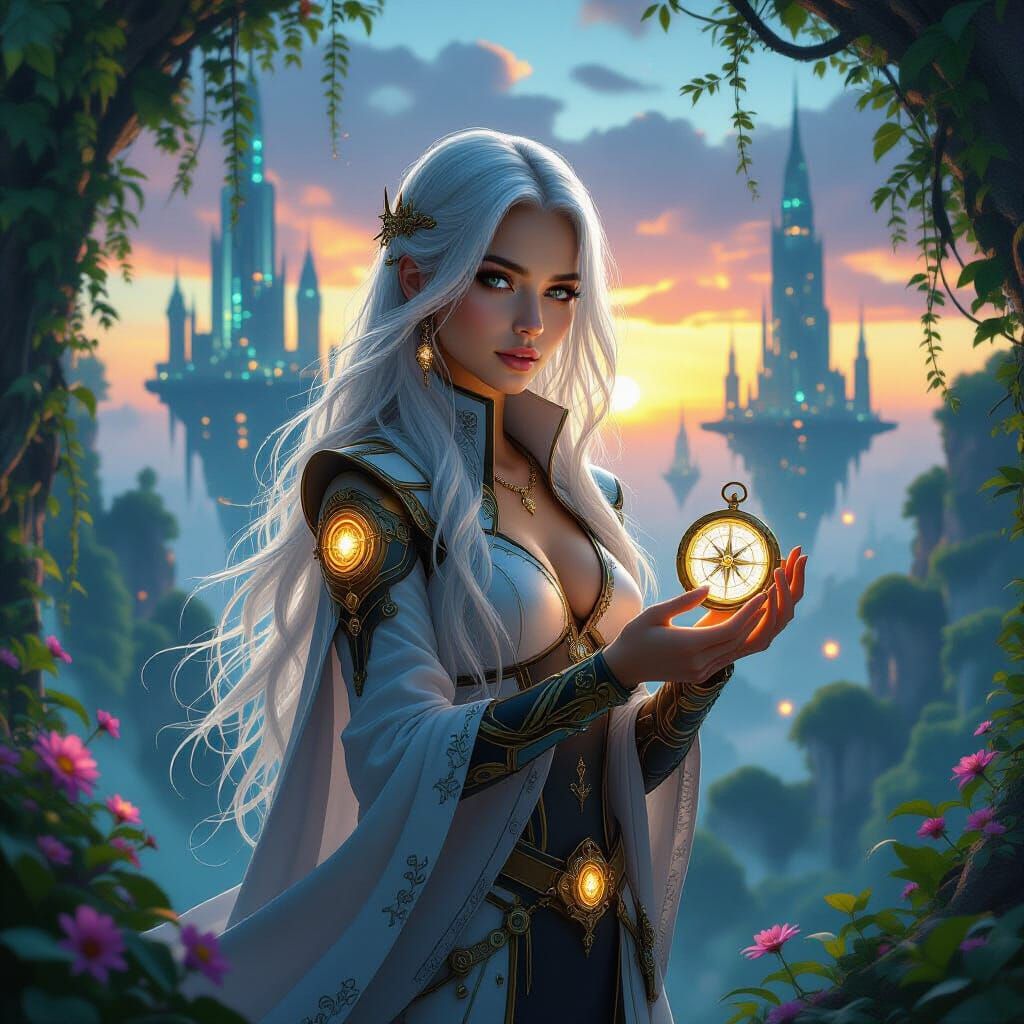 Futuristic Time Traveler in a Mystical City