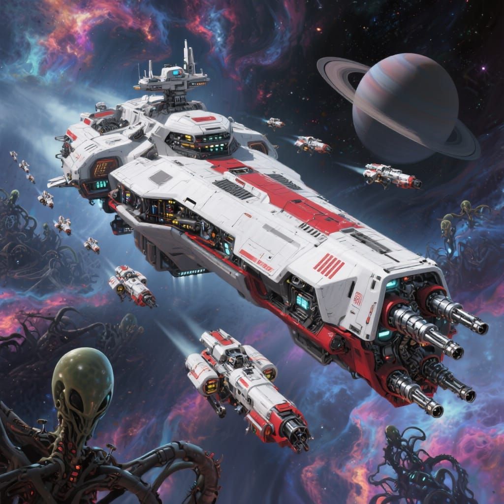 Futuristic Space Battle Cruiser Leads Fighter Squadron