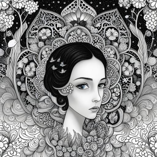 Fairytale Girl with Animals: Vector Line Art