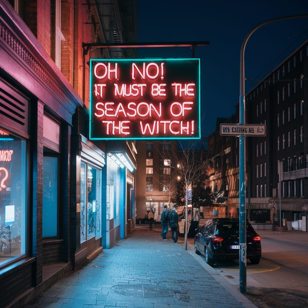 Neon Witch Sign on City Street at Night