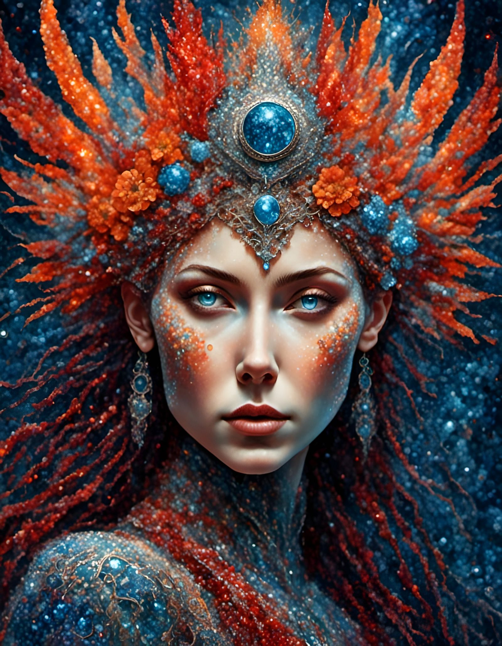 Hybrid Fire and Ice Goddess Portrait in Watercolor