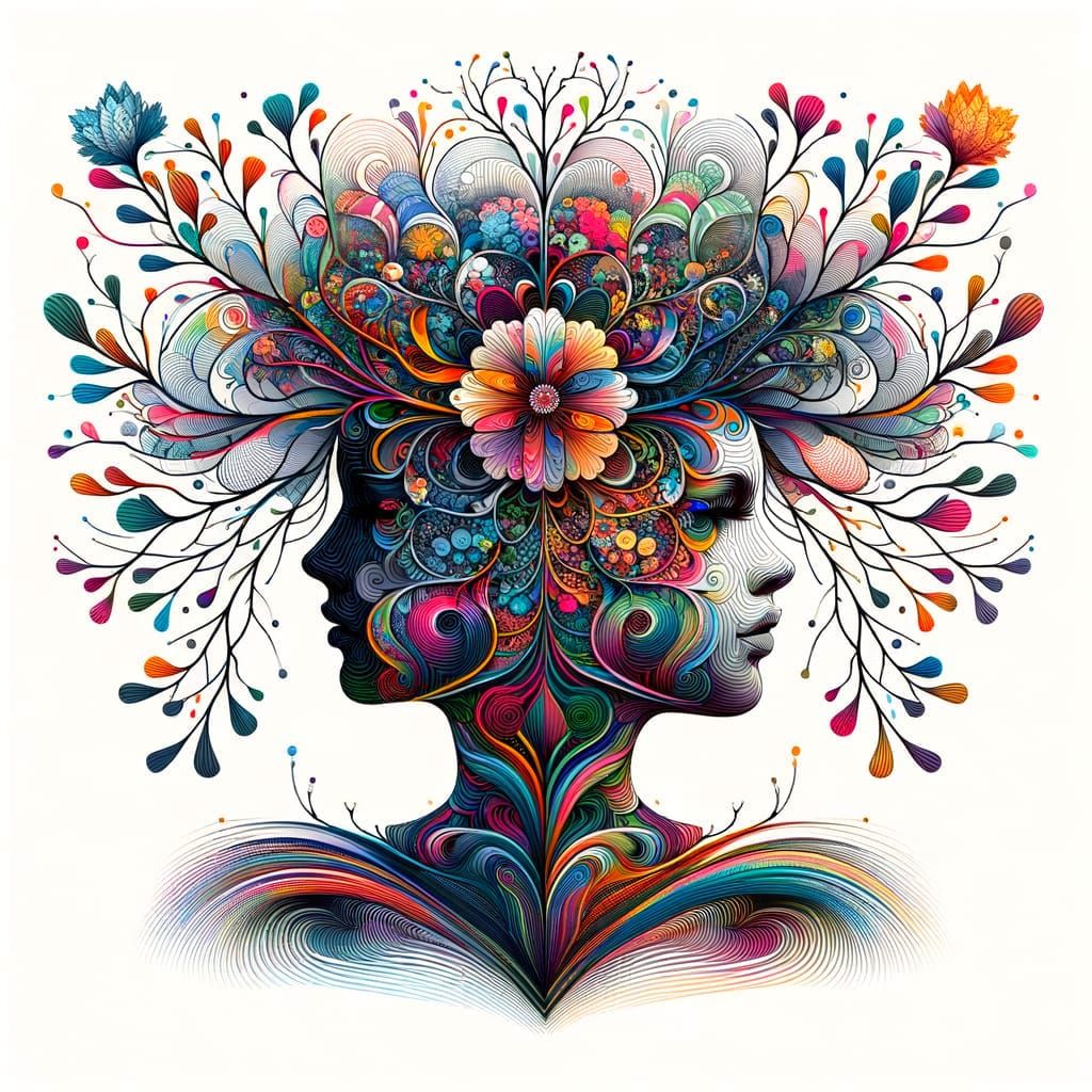 Intricate Vector Fractal Portrait with Flowering Branches